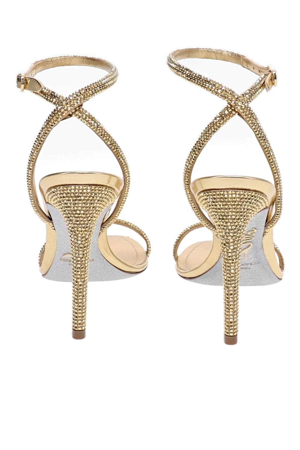 RENE CAOVILLA Gold Crystal Leather Gold Ankle Strap Heeled Sandal