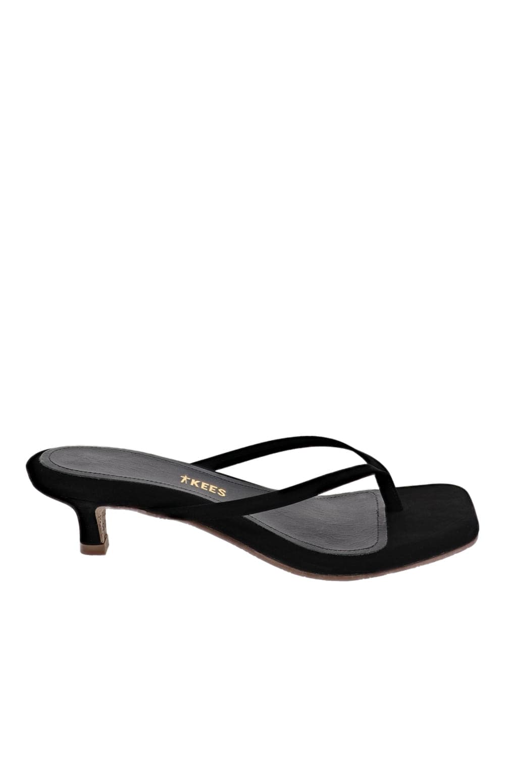 TKEES Square Toe Julia Black Suede Kitten Heel Sandal