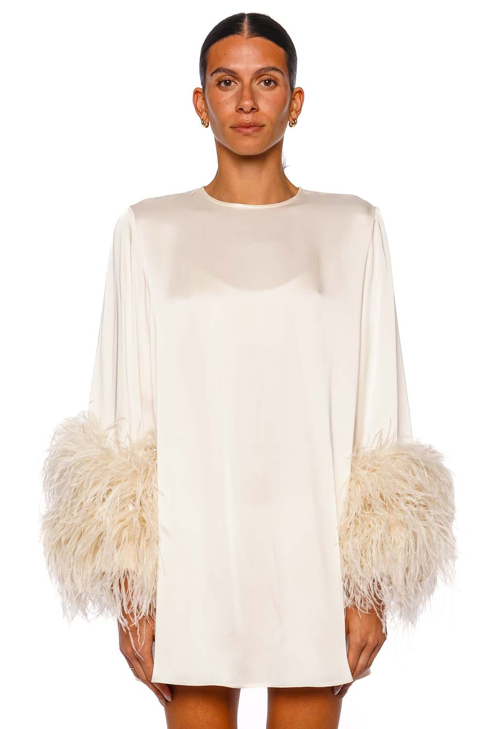 LAPOINTE Doubleface Satin Feather Cream Long Sleeve Mini Dress