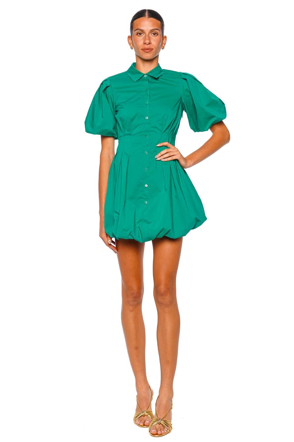 SIMKHAI Cleo Pintuck Balloon Sleeve Mini Dress Kelly Green