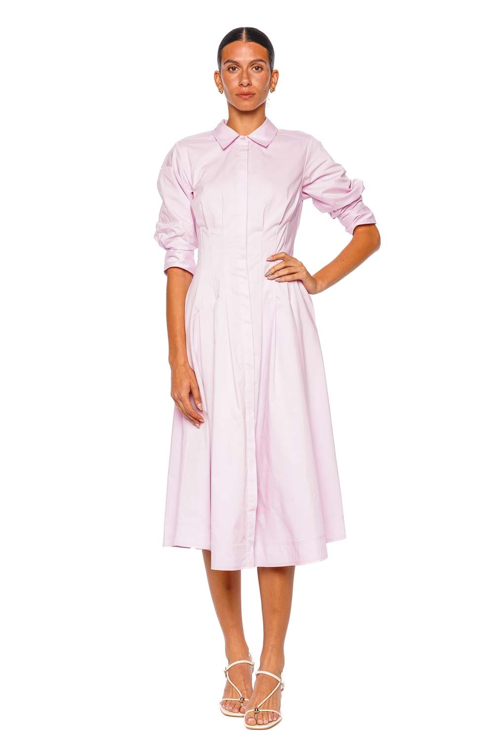 SIMKHAI Jazz Pintuck Tulip Pink Midi Dress with Long Sleeves