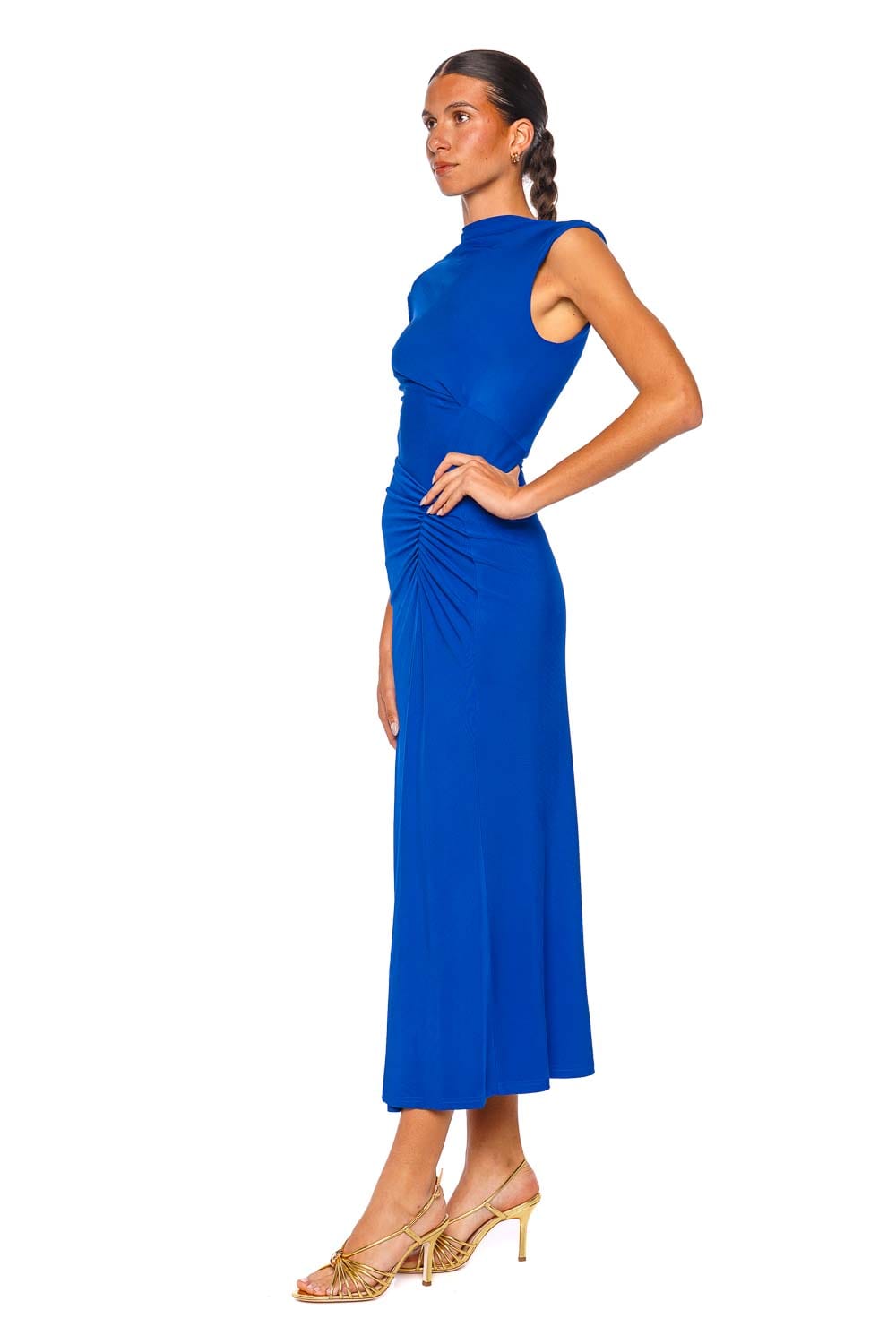 SIMKHAI Acacia Draped Jersey Royal Blue Cap Sleeve Midi Dress