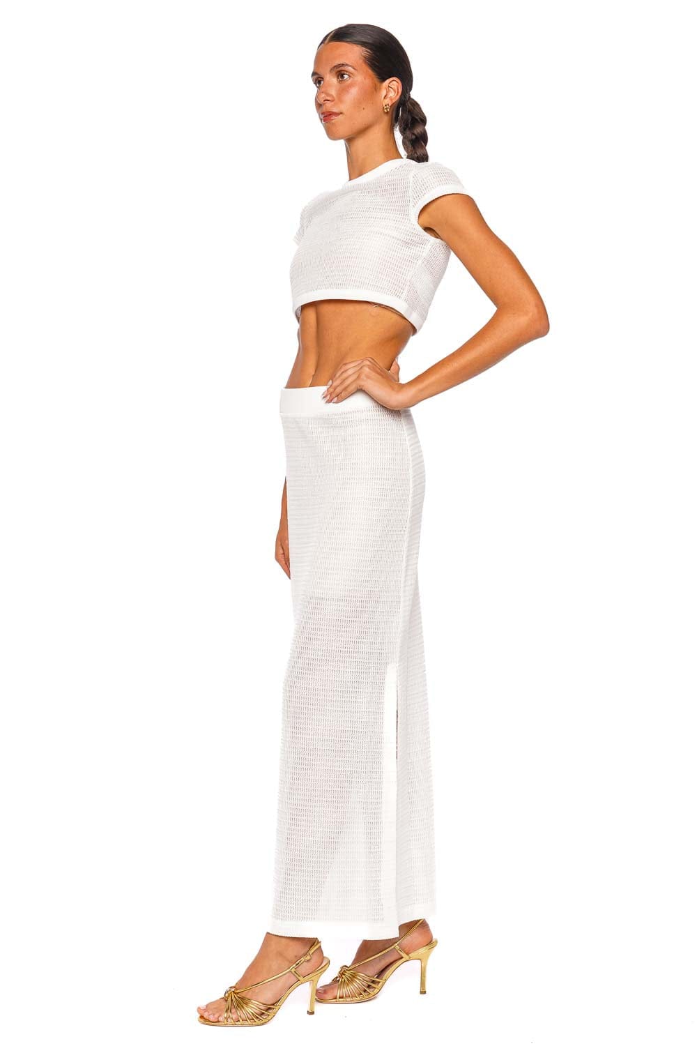 SIMKHAI Nicky Solid White Textured Midi Skirt