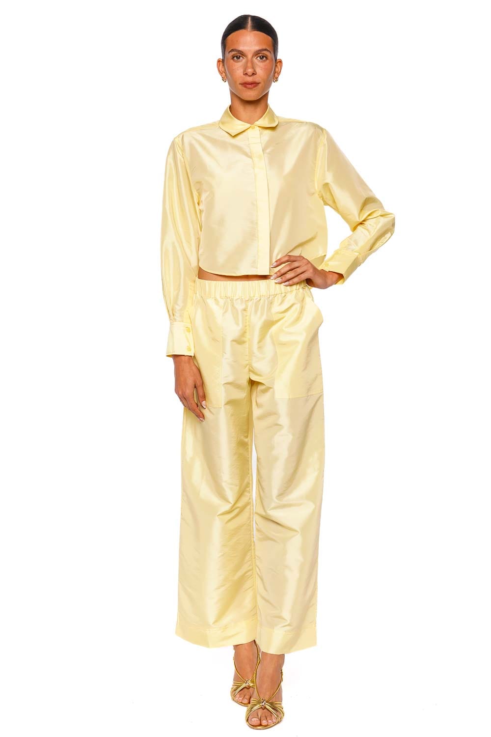 SIMKHAI Arden Pale Yellow Wide Leg Pull On Pant