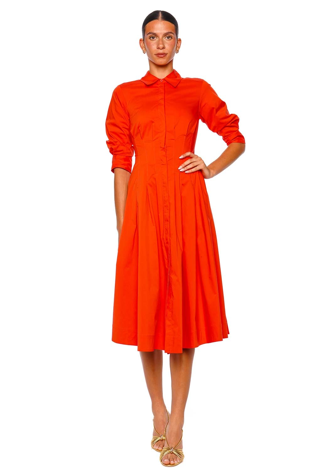 SIMKHAI Jazz Pintuck Lobster Midi Dress with Long Sleeves