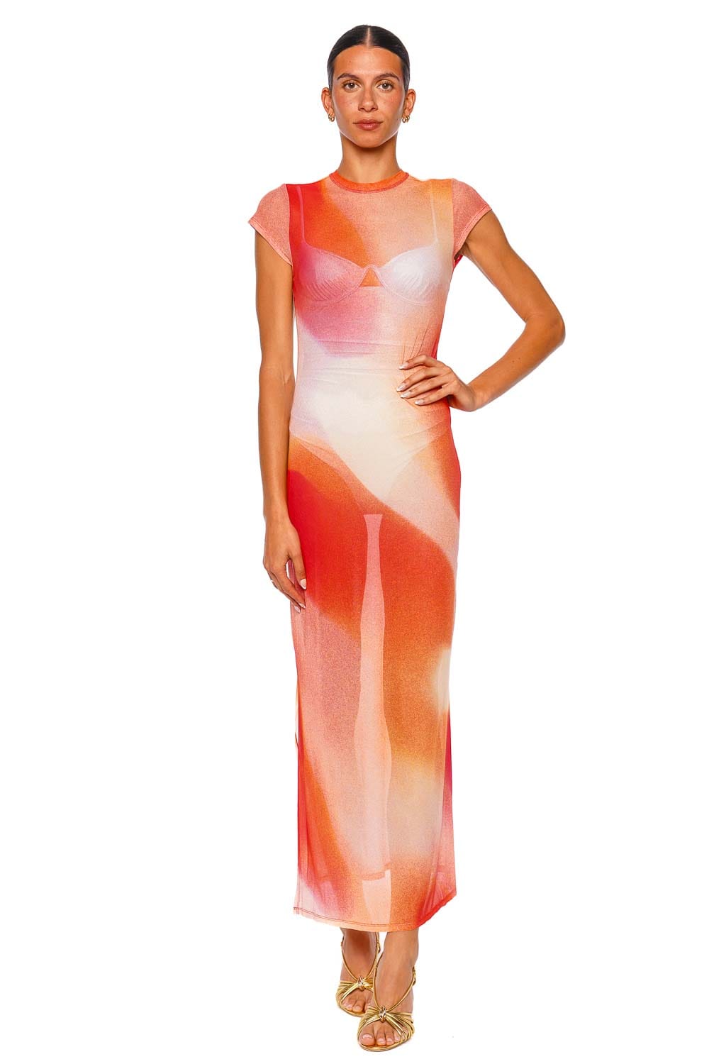 SIMKHAI Fia Golden Hour Sunset Mesh Midi Dress with Cap Sleeves