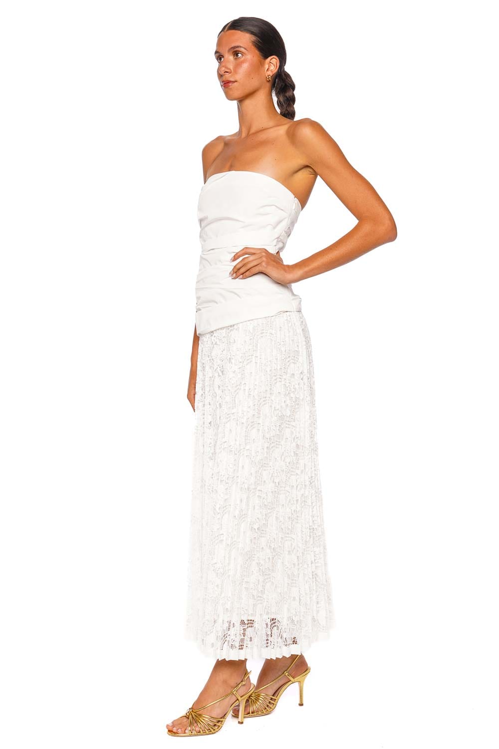 SIMKHAI Annalise Ivory Strapless Cotton Lace Midi Dress