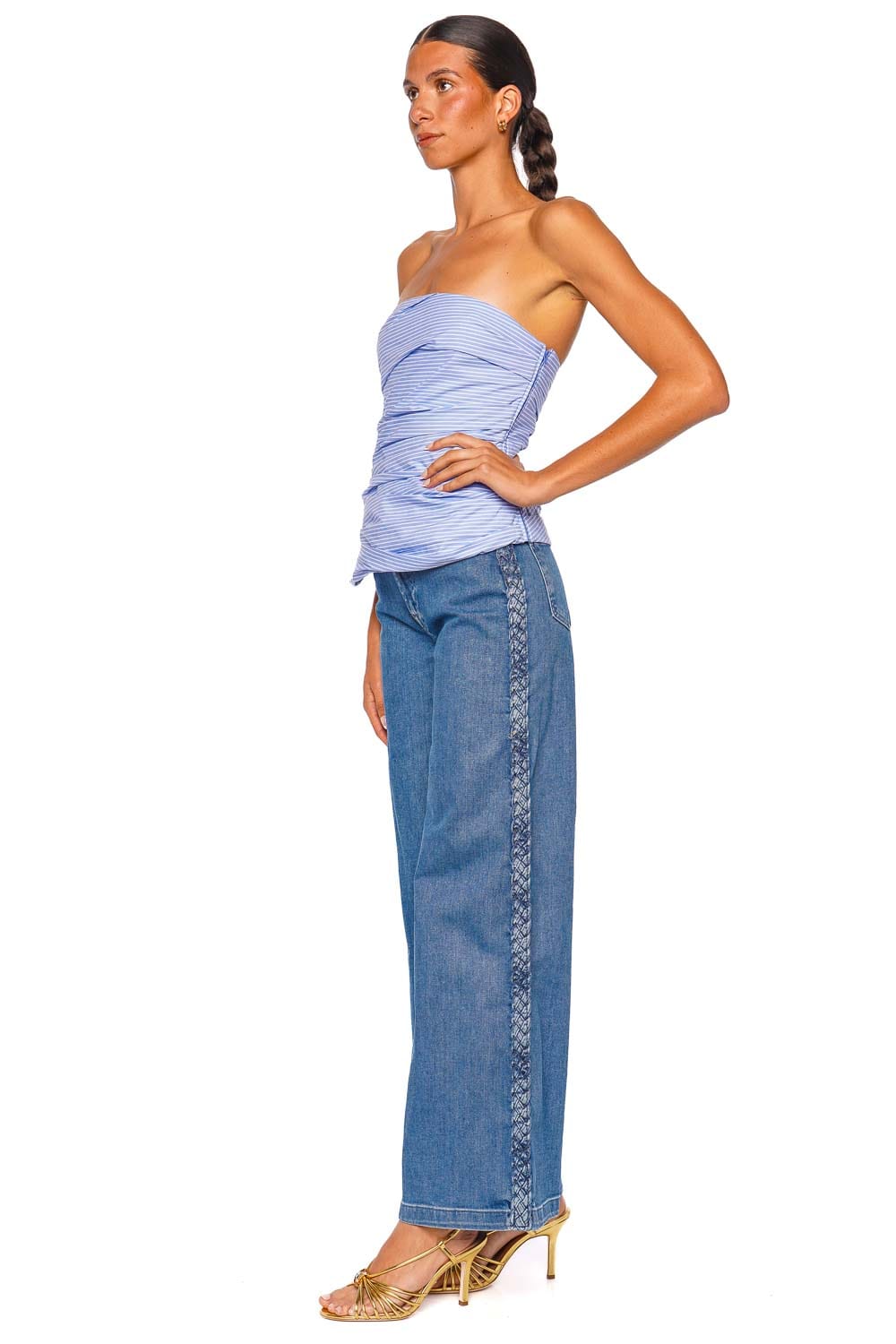 SIMKHAI Emerson Periwinkle Stripe Strapless Ruched Bustier Top