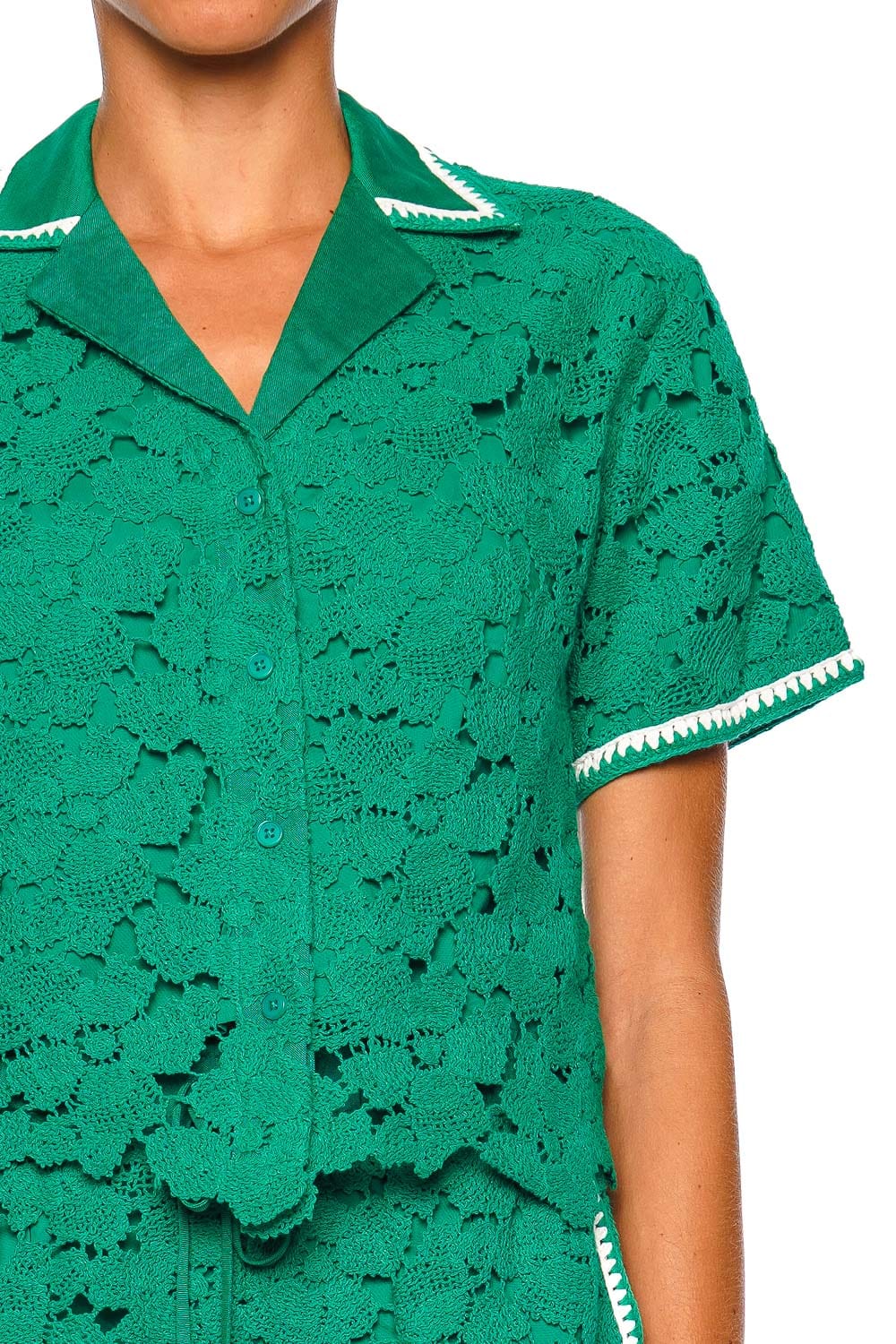 SIMKHAI Glenn Lace Short Sleeve Camp Shirt Kelly Green