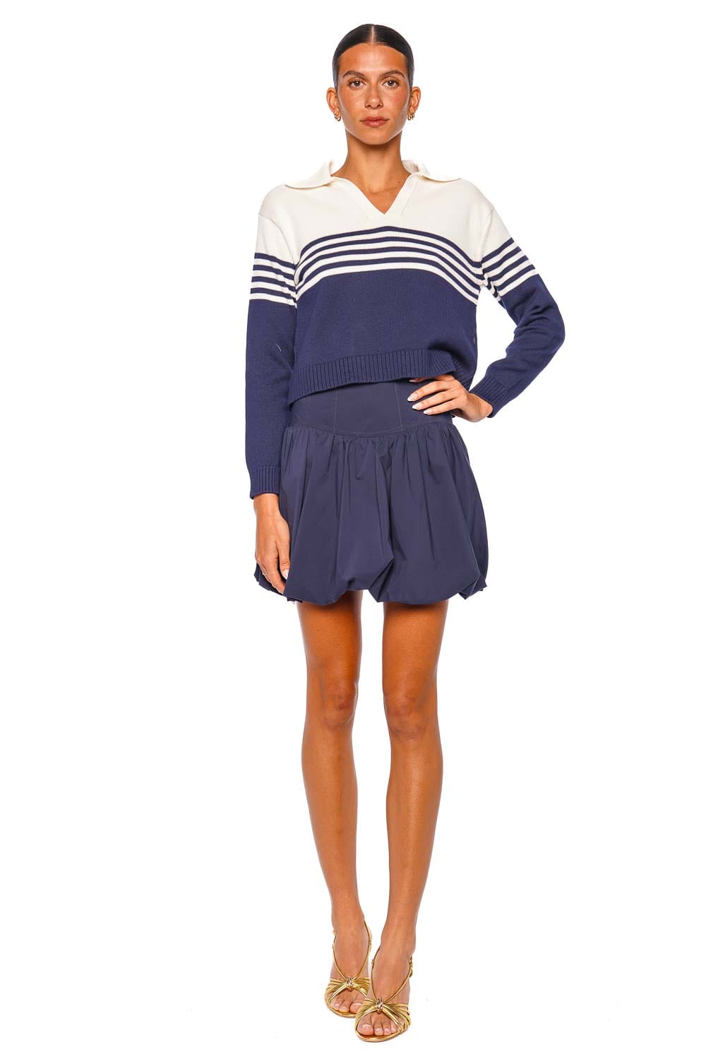 SIMKHAI Jules Knit Midnight Stripe Long Sleeve Polo Top