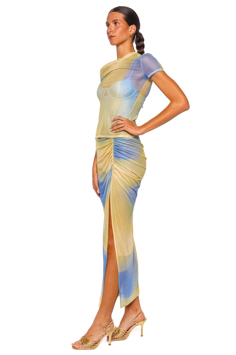 SIMKHAI Kensington Golden Hour Twilight Ruched Mesh Maxi Skirt