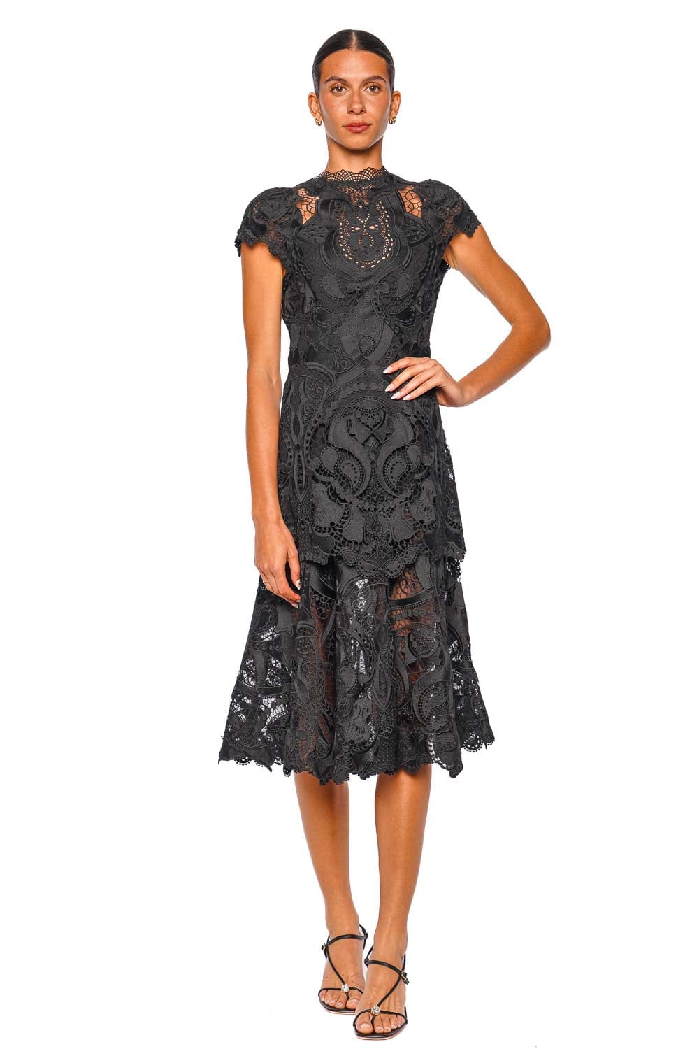 SIMKHAI Laura Guipure Lace Cap Sleeve Midi Dress