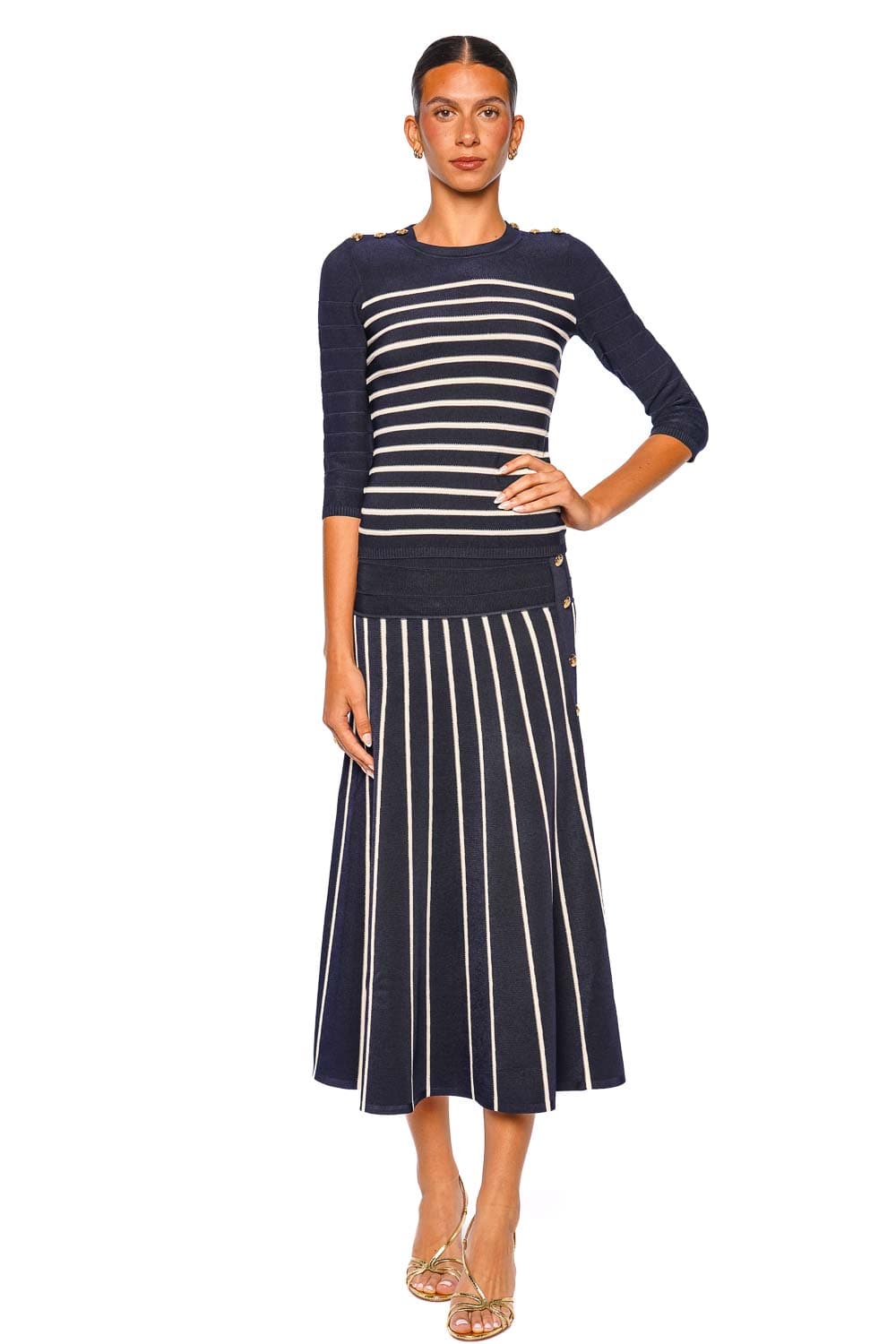 ZIMMERMANN Luna Navy Cream Striped Knit Midi Skirt