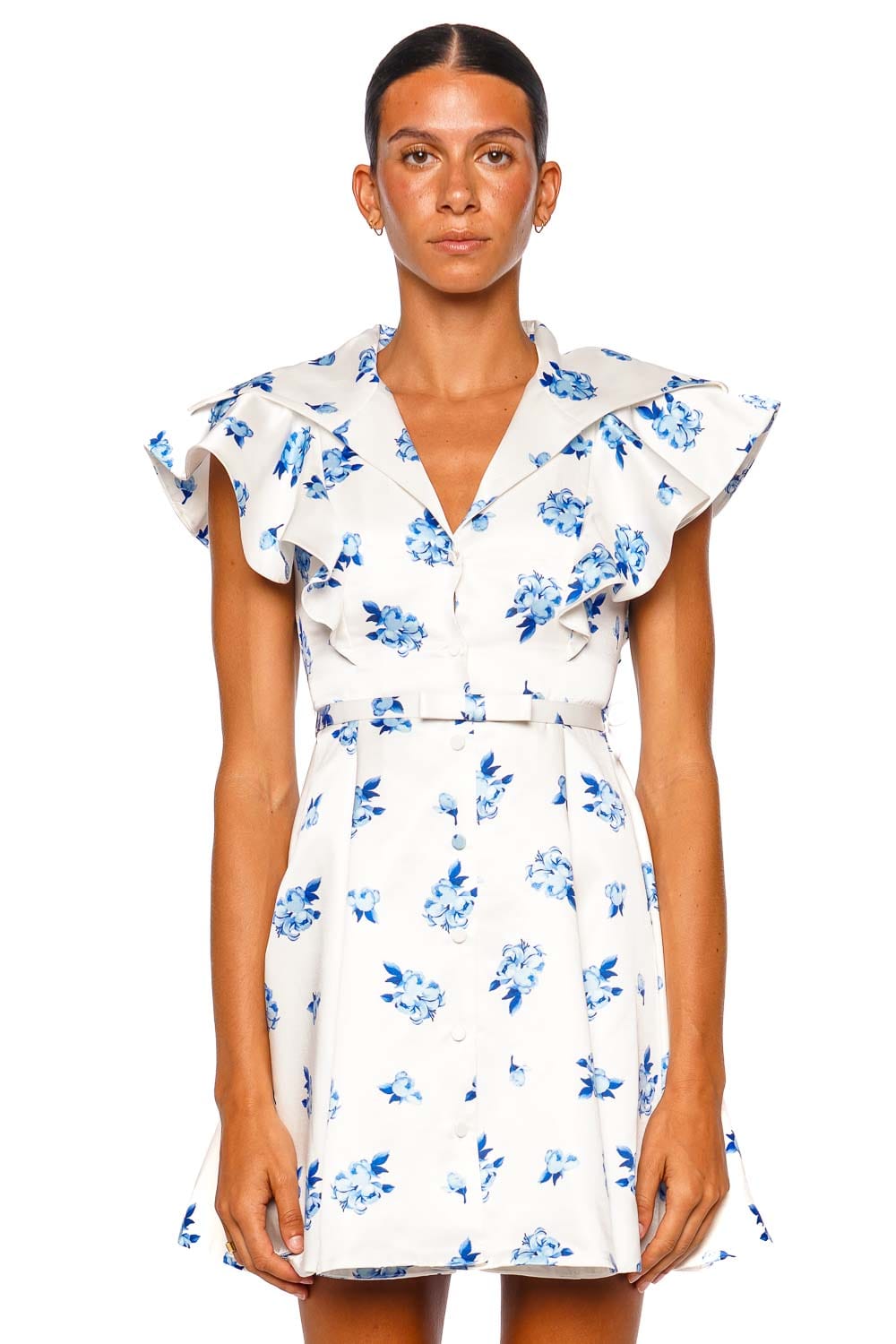 LEO LIN Isla Blue Floral Ruffle Cap Sleeve Mini Dress