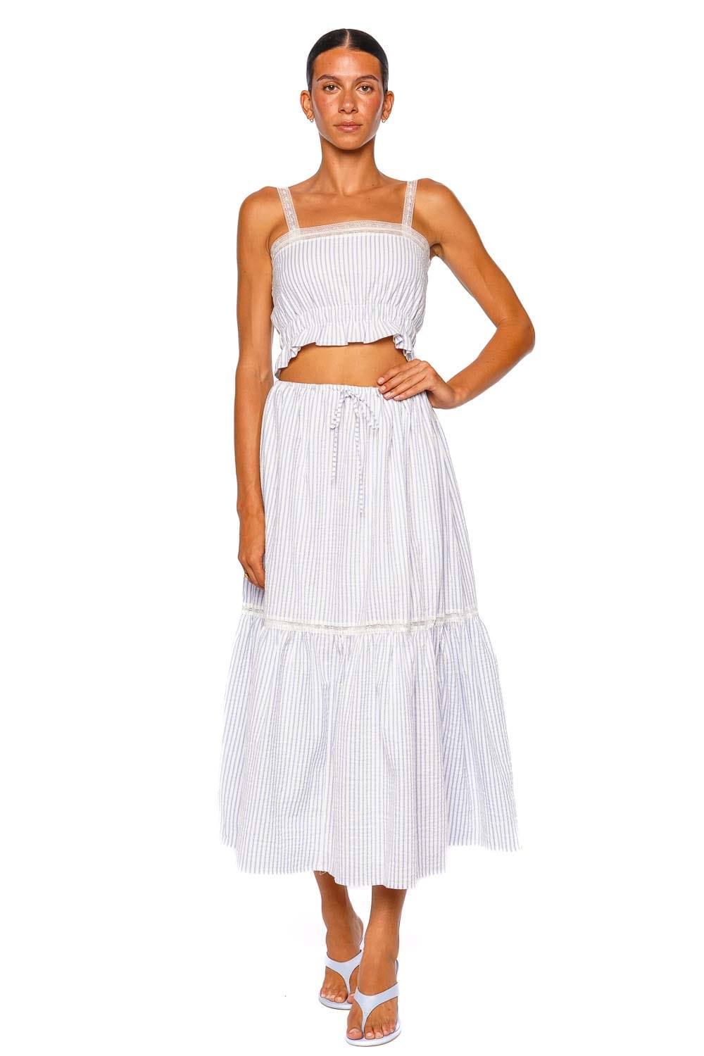 Faithfull The Brand Venta Light Blue White Striped Strappy Crop Top