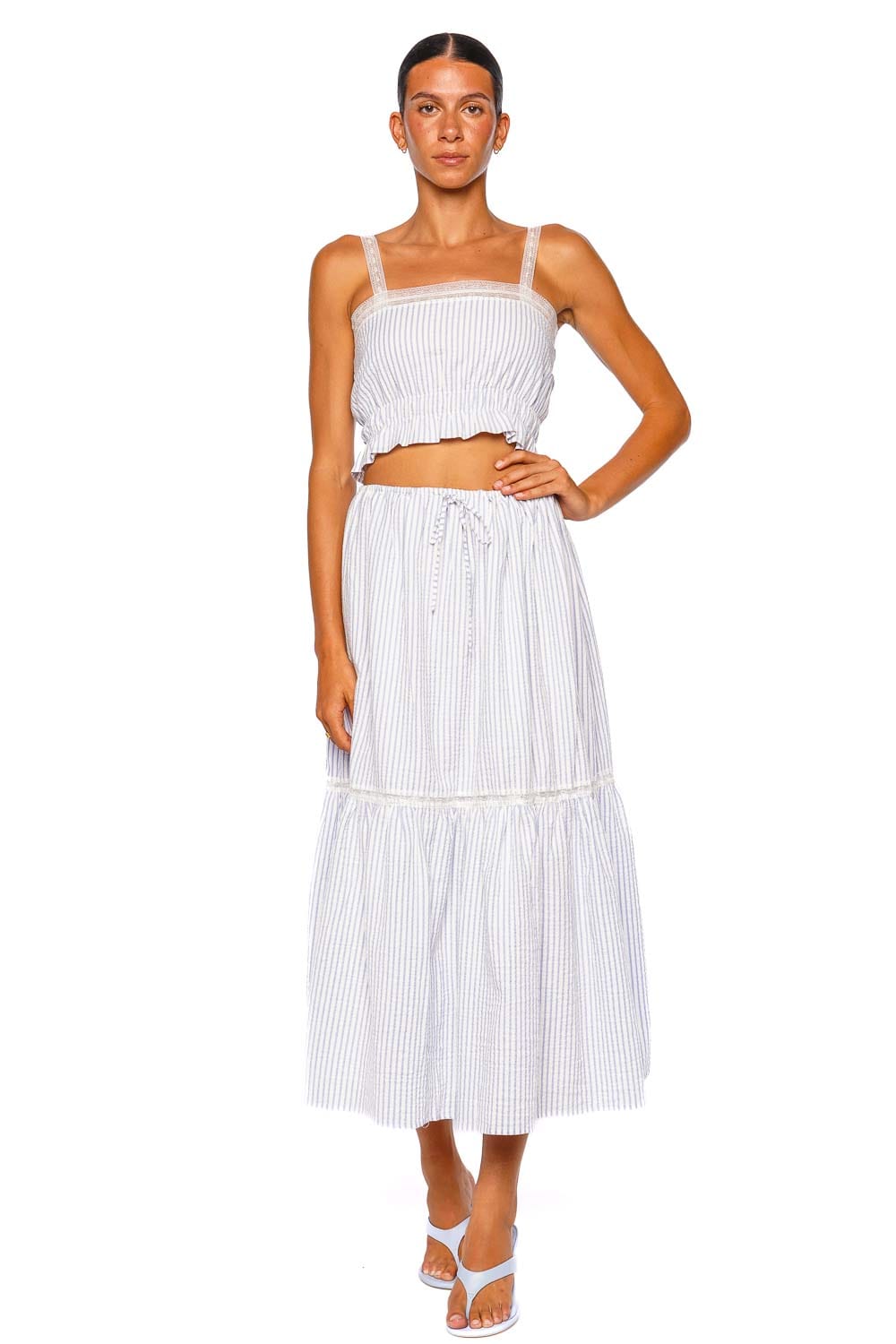 Faithfull The Brand Venta Light Blue White Striped Tiered Midi Skirt
