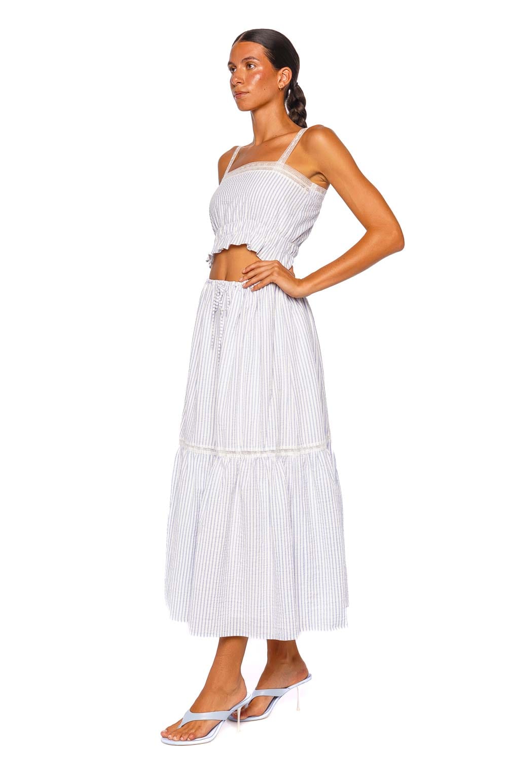 Faithfull The Brand Venta Light Blue White Striped Tiered Midi Skirt