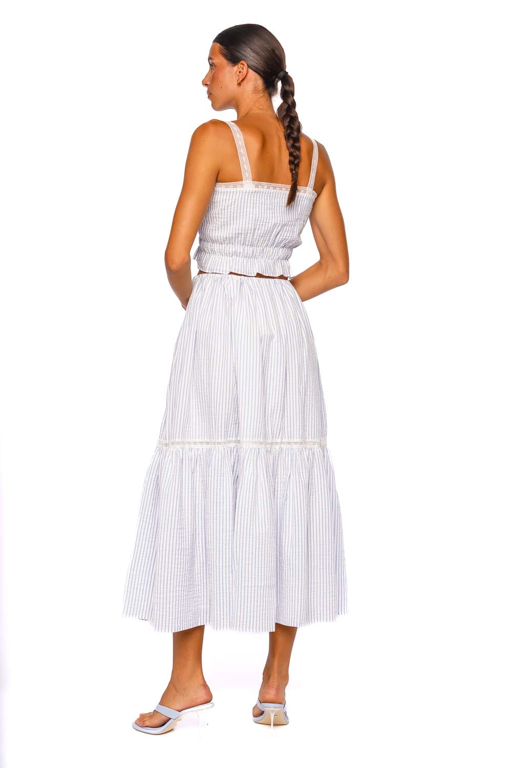 Faithfull The Brand Venta Light Blue White Striped Tiered Midi Skirt