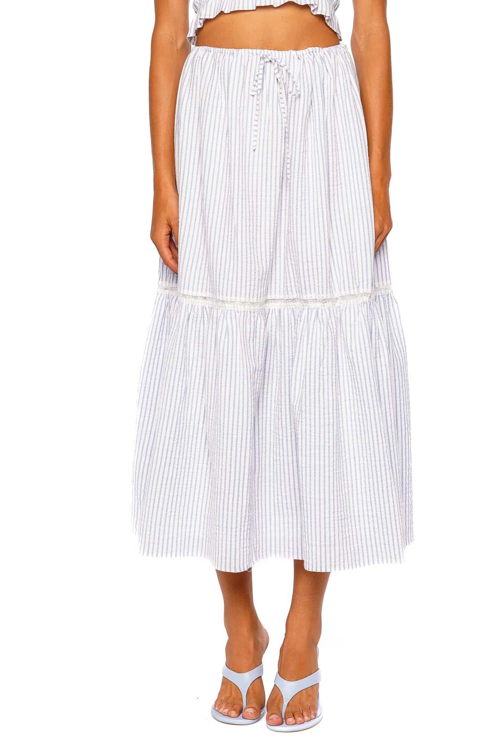 Faithfull The Brand Venta Light Blue White Striped Tiered Midi Skirt