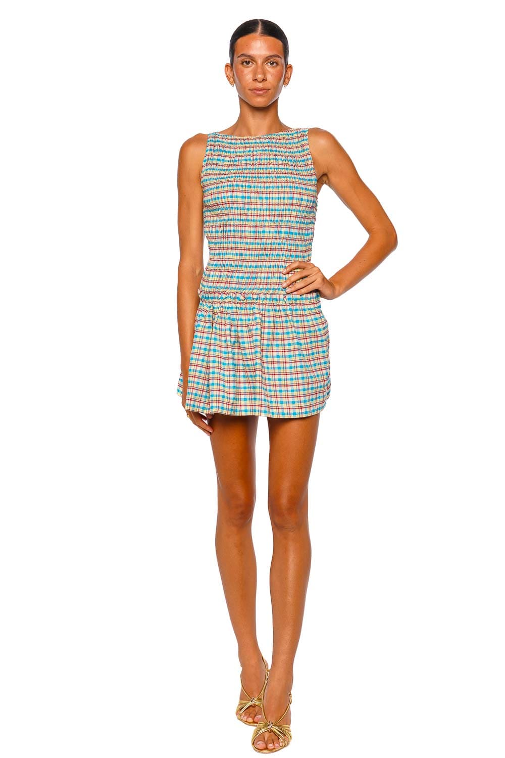 Faithfull The Brand Gala Blue Check Sleeveless Mini Dress