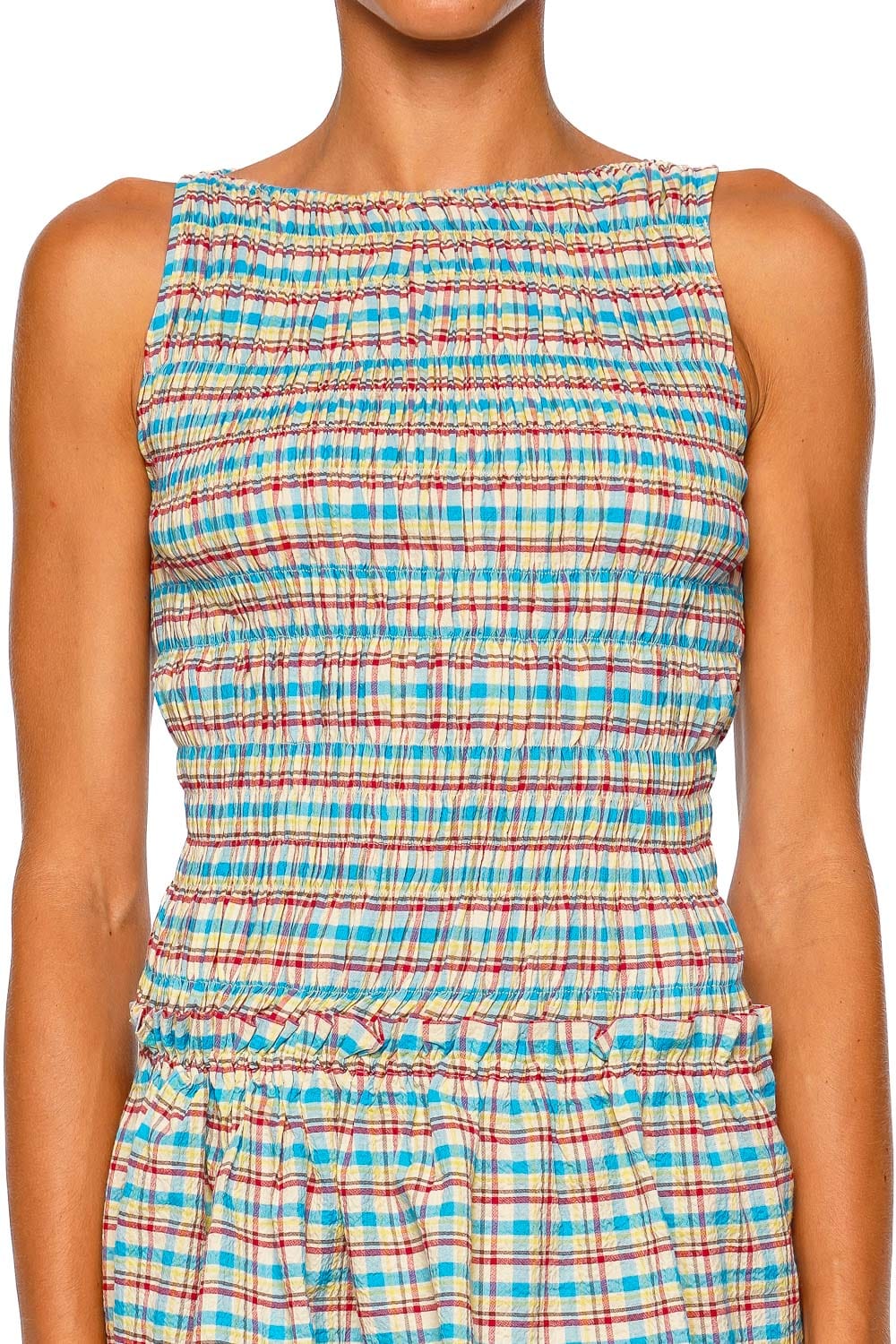 Faithfull The Brand Gala Blue Check Sleeveless Mini Dress