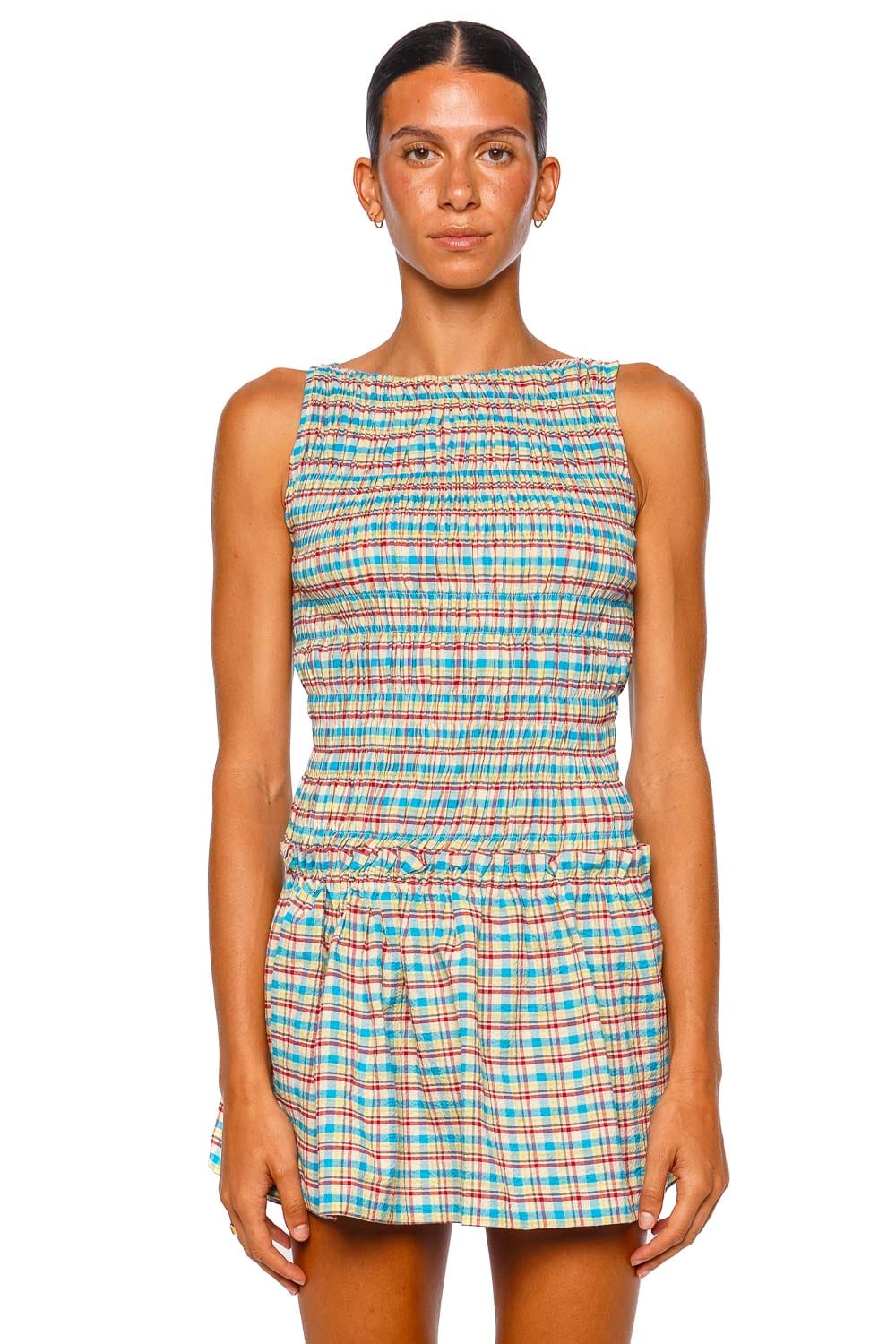 Faithfull The Brand Gala Blue Check Sleeveless Mini Dress