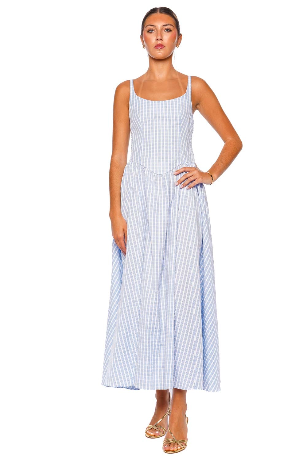 blue and white striped spaghetti strap dress Faithfull The Brand Chiara Paloma Check Sleeveless Midi Blue floral