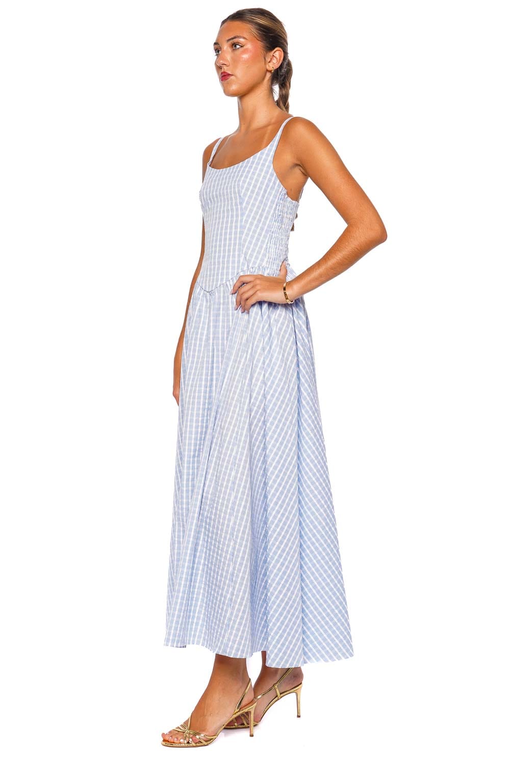 Faithfull The Brand Chiara Light Blue White Strappy Midi Dress
