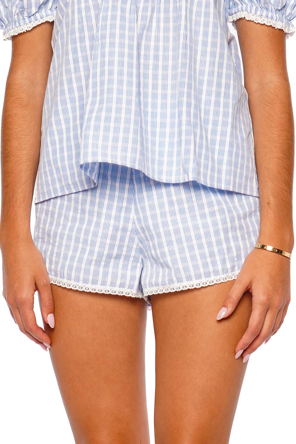 Faithfull The Brand Lonny Light Blue White Off Shoulder Puff Sleeve Top