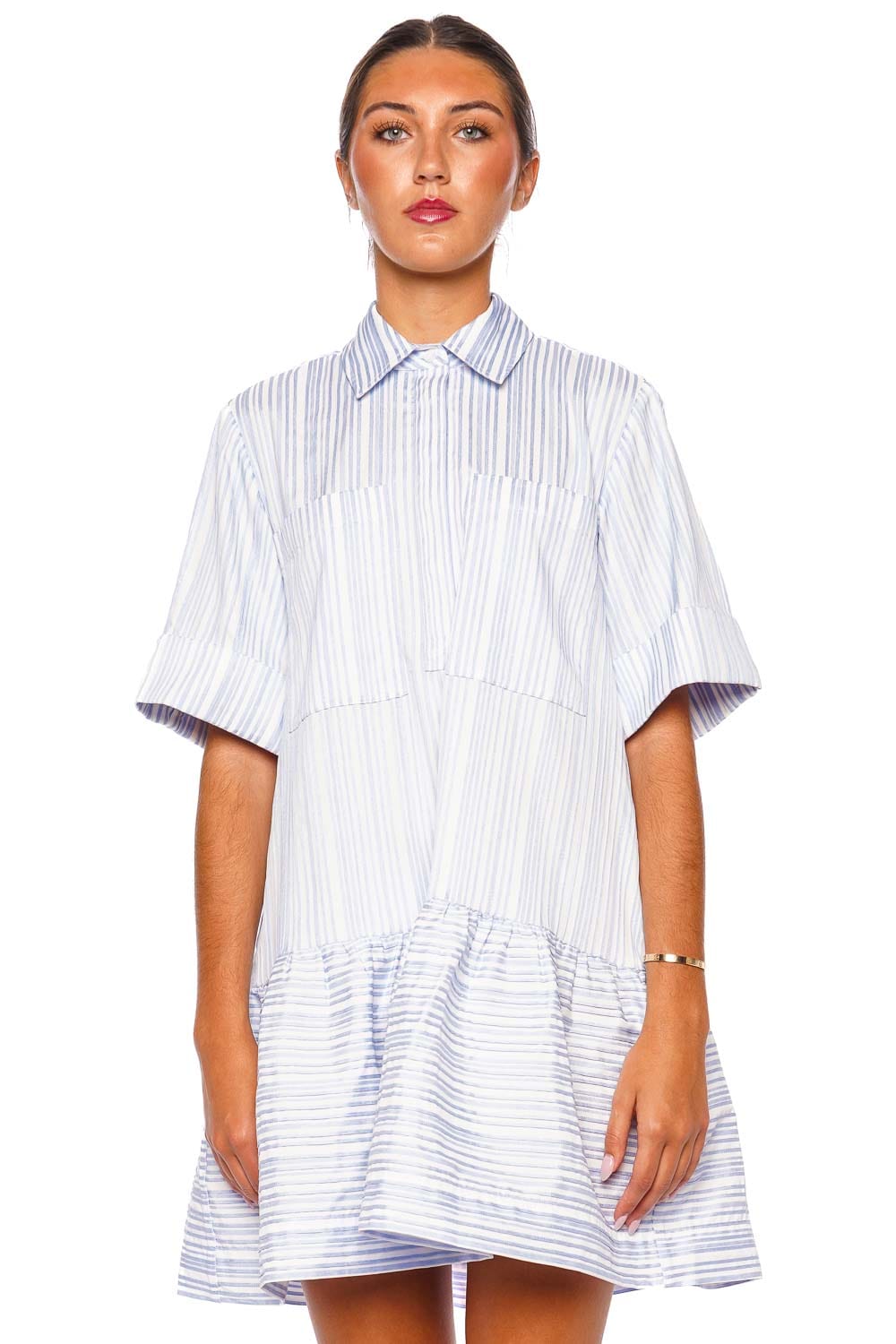 SIMKHAI Cris Blue Stripe Short Sleeve Shirt Mini Dress