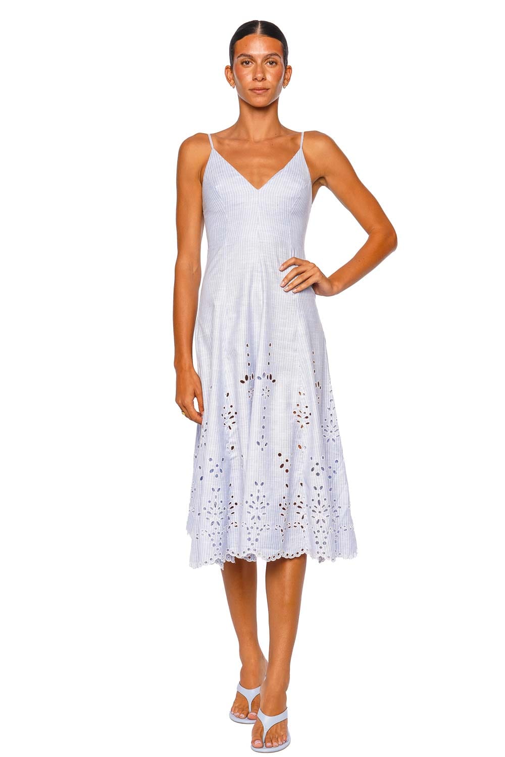 Hemant And Nandita Dhara Light Blue Striped Sleeveless Midi Dress