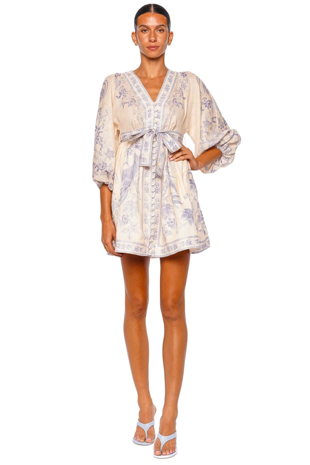 Zimmermann Indra Plunge Tie Waist Linen Mini Dress Zimmermann Indra Plunge Tie Waist Linen Mini Dress