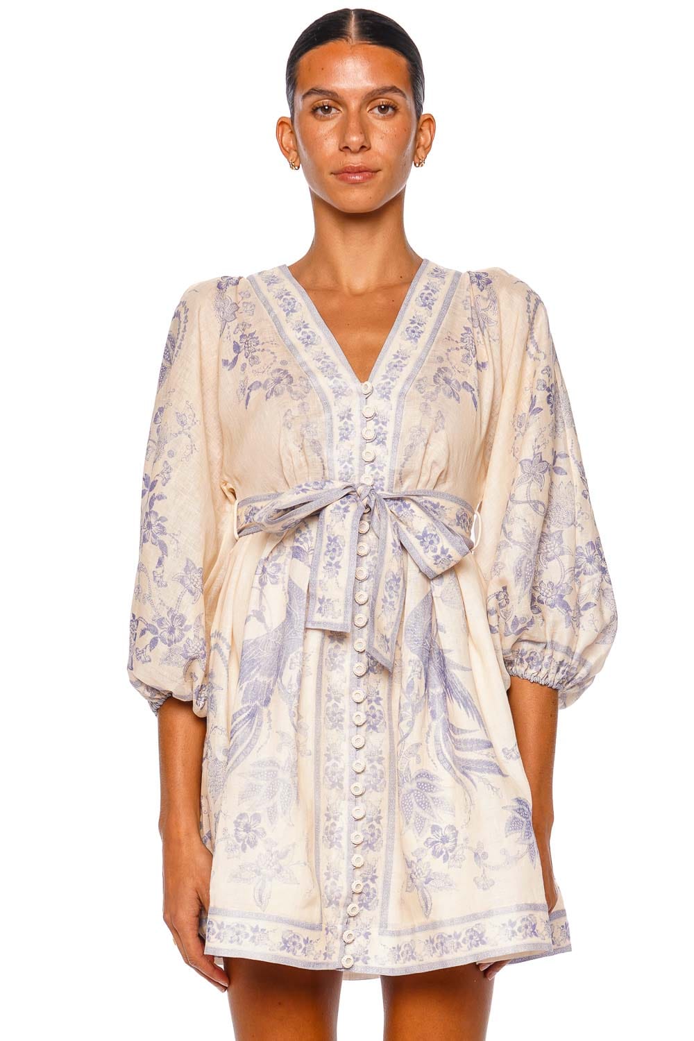 ZIMMERMANN Indra Cream Lilac Floral Long Sleeve Plunge Mini Dress