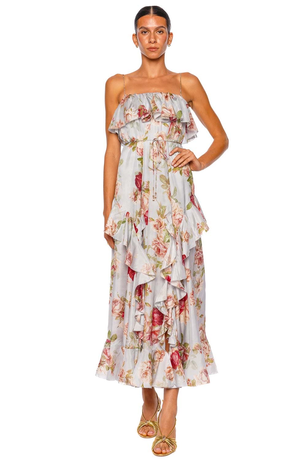 ZIMMERMANN Roselight Blue Rose Frill Silk Maxi Dress