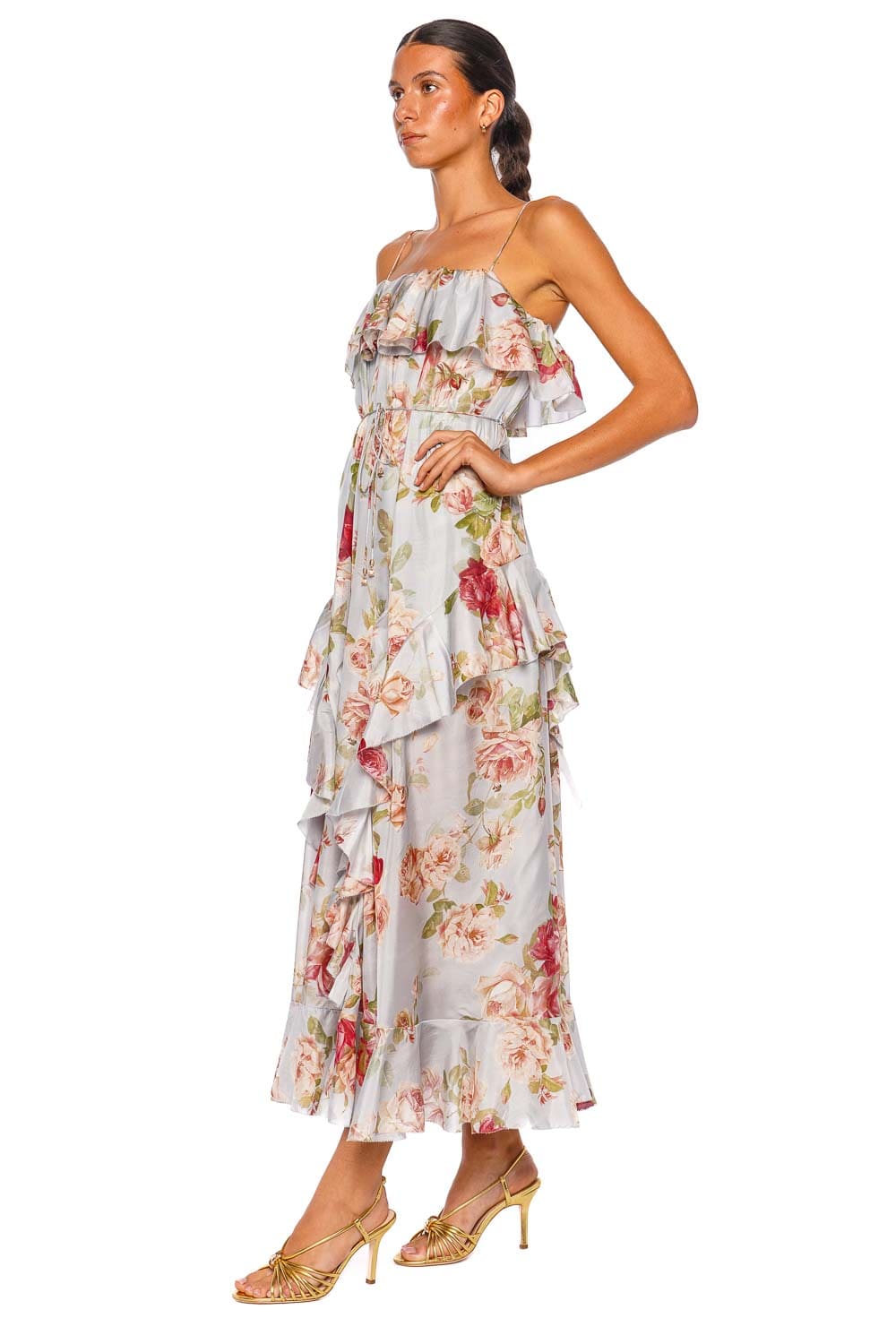ZIMMERMANN Roselight Blue Rose Frill Silk Maxi Dress