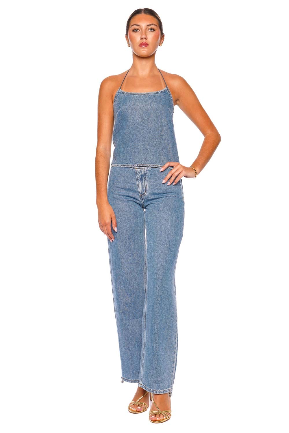 Still Here Toggle Classic Blue Denim Halter Tank