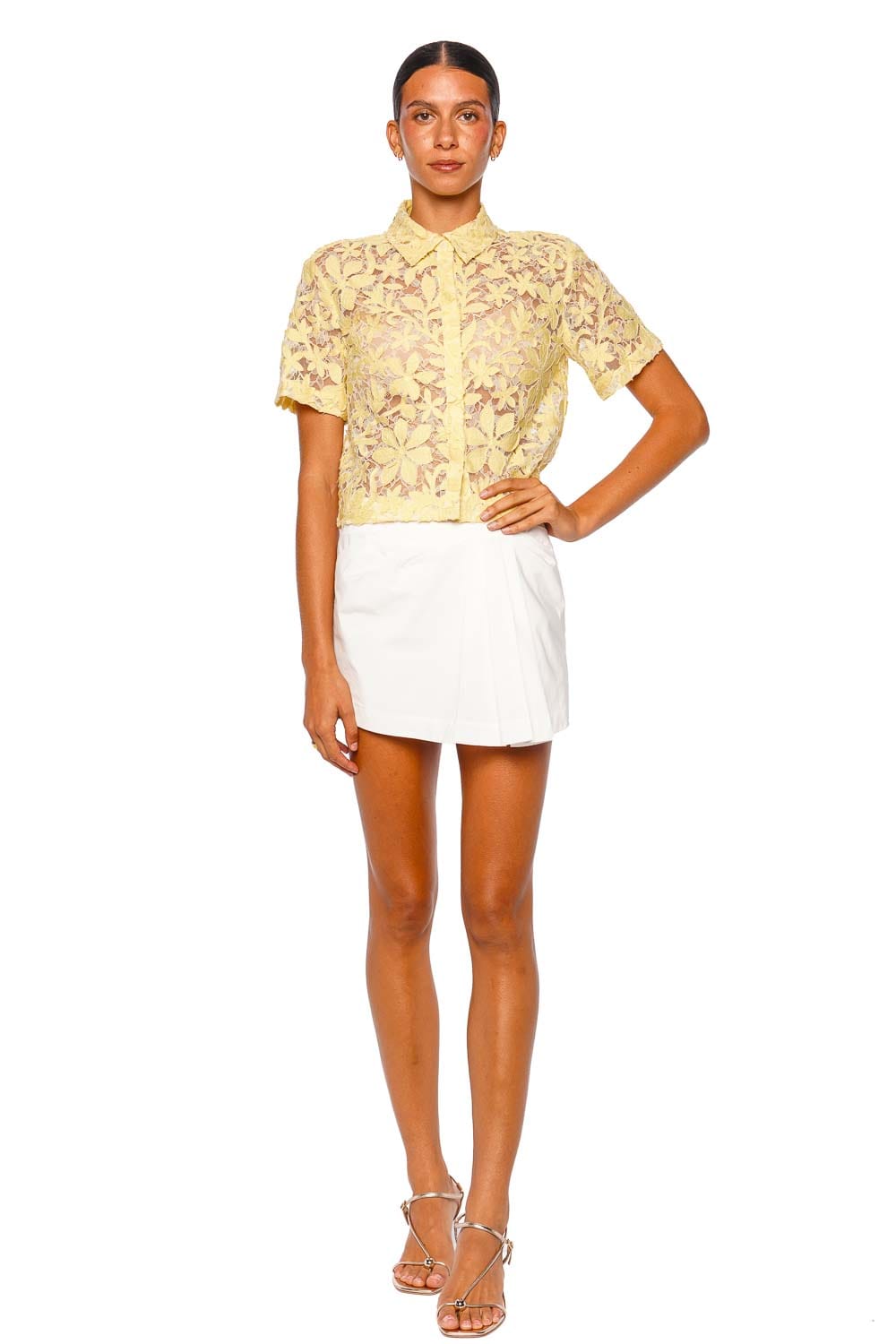 SIMKHAI Annaelle Buttercream Short Sleeve Lace Top