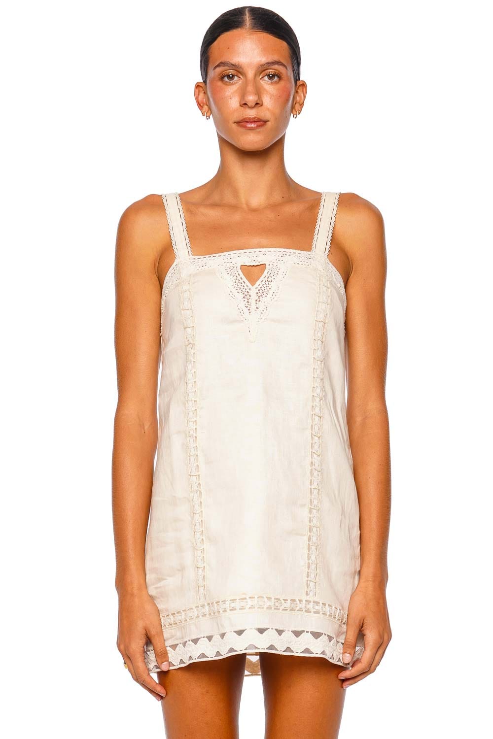SIMKHAI Jamine Linen Lace Sand Strappy Mini Dress