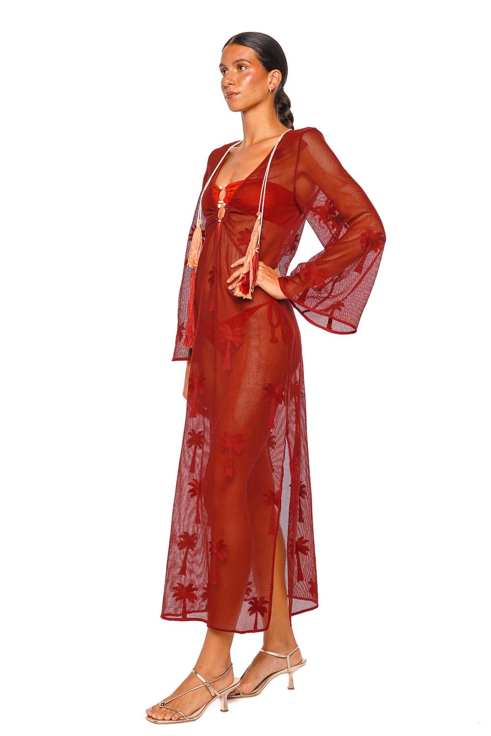 Johanna Ortiz Marsala Palm Veil Long Sleeve Maxi Tunic Dress