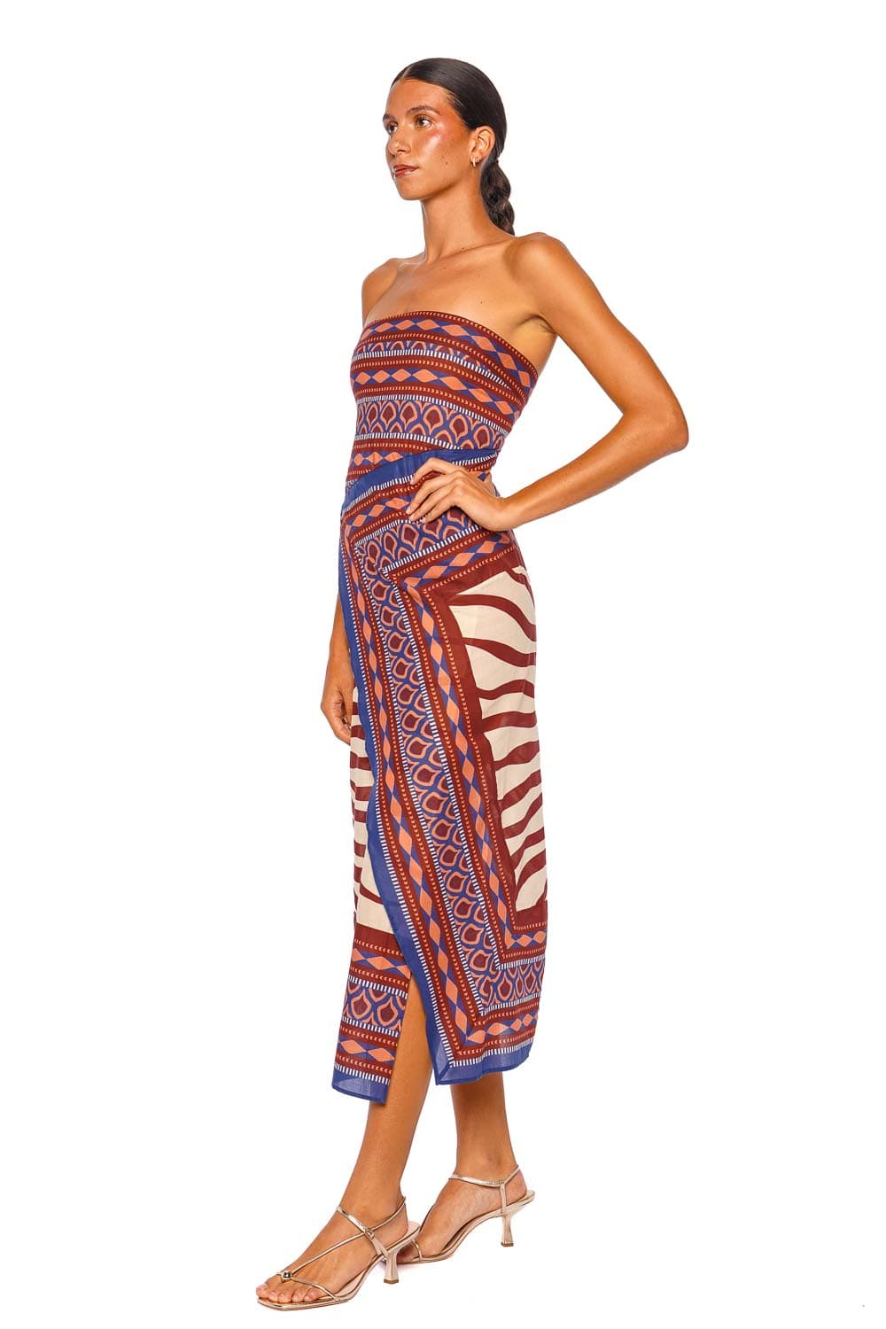 Johanna Ortiz Paraiso Agreste Ecru Blue Strapless Ankle Dress