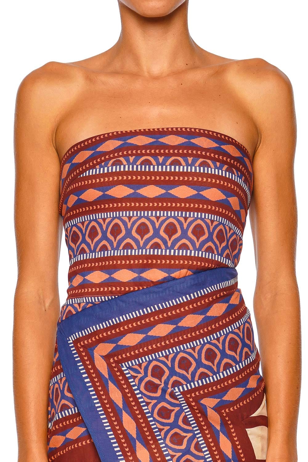 Johanna Ortiz Paraiso Agreste Ecru Blue Strapless Ankle Dress