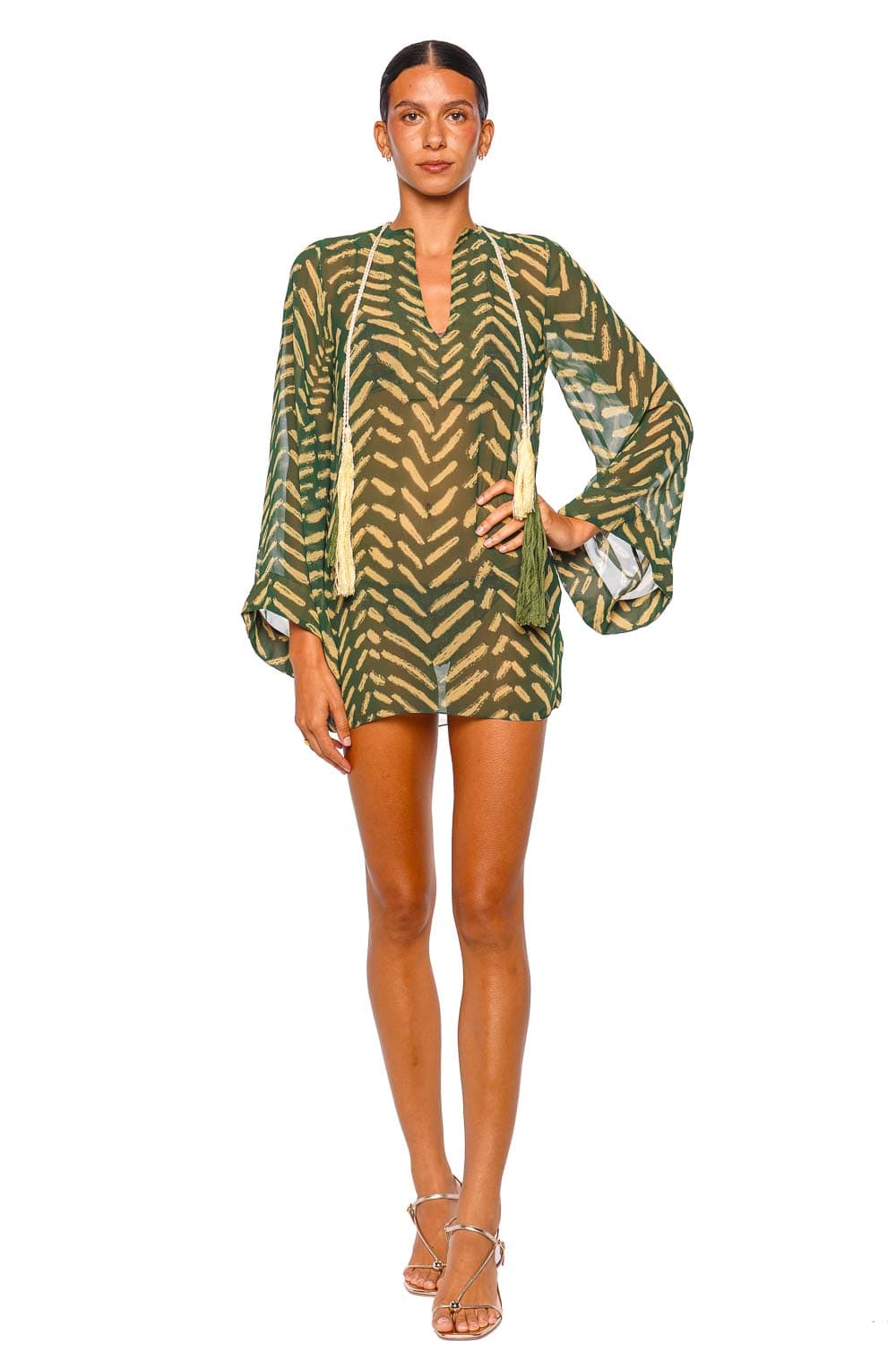 Johanna Ortiz Refugio De Sol Military Green Long Sleeve Tunic Mini Dress