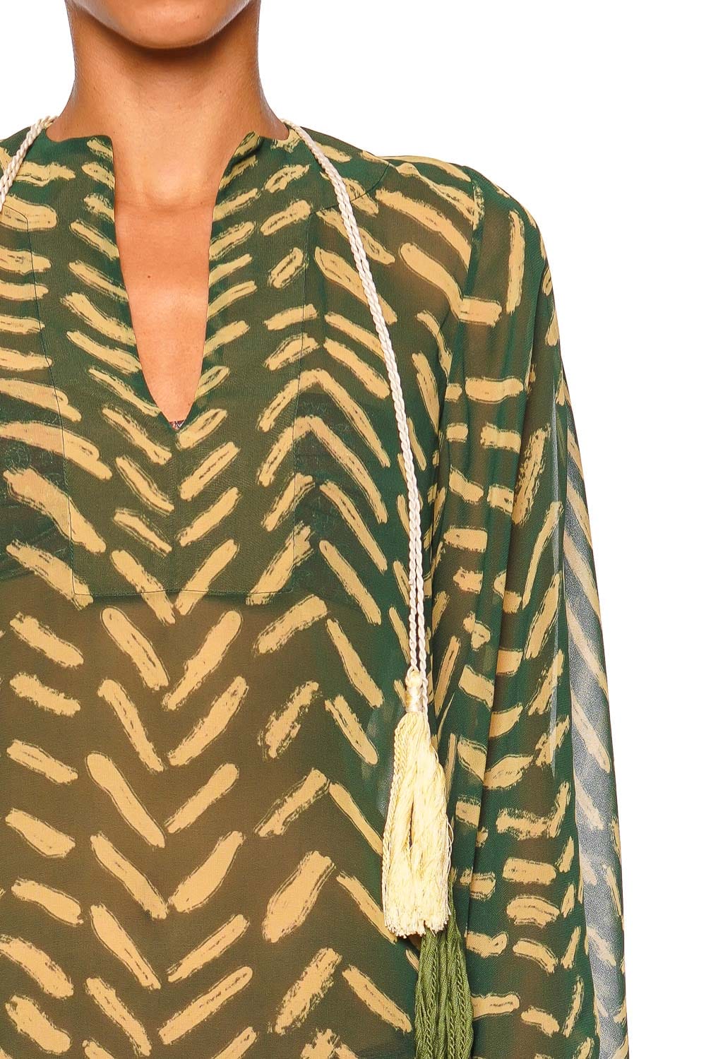 Johanna Ortiz Refugio De Sol Military Green Long Sleeve Tunic Mini Dress