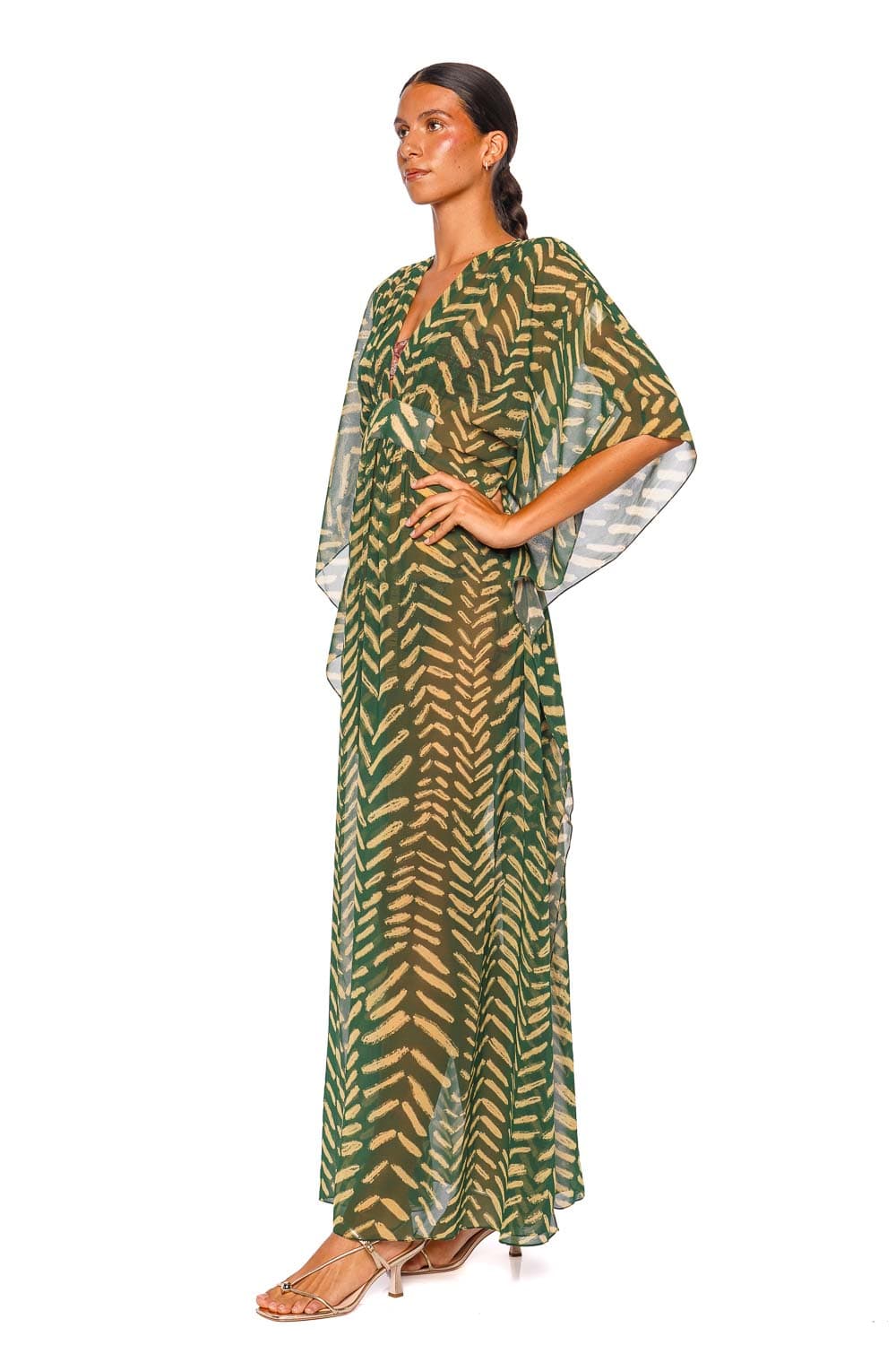 Johanna Ortiz Secret Garden Military Green Kimono Sleeve Maxi Dress