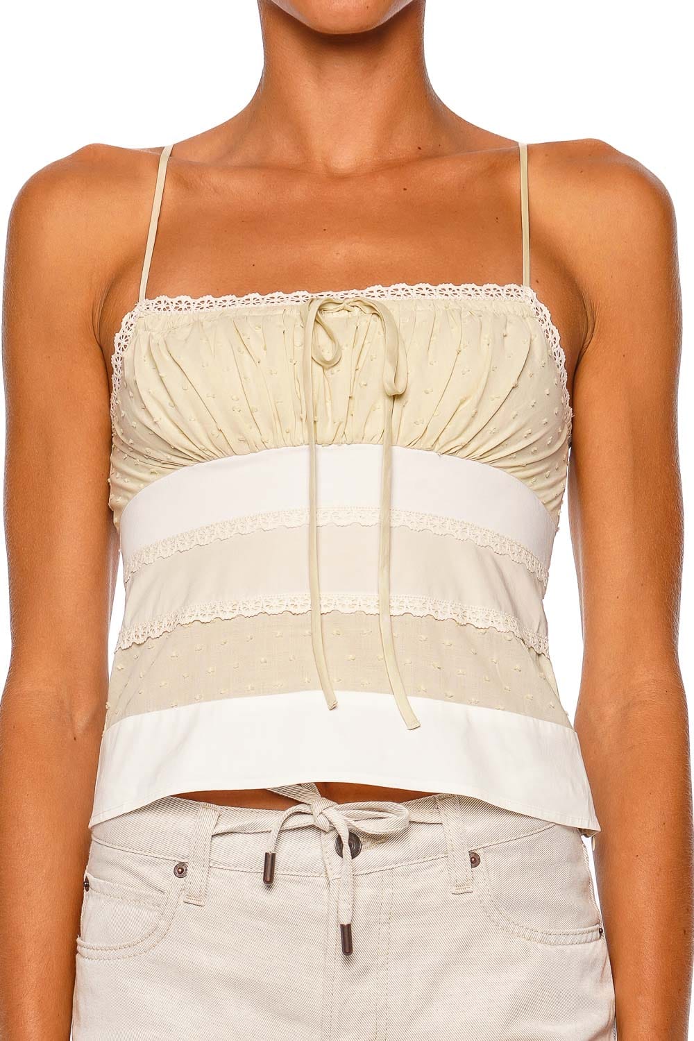 Staud Halie Ecru Strappy Lace Trim Top