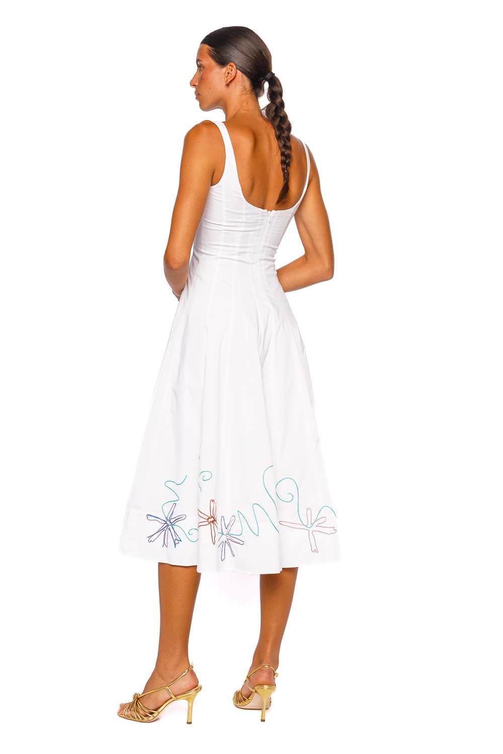 Staud Wells White Multi Embroidered Sleeveless Midi Dress
