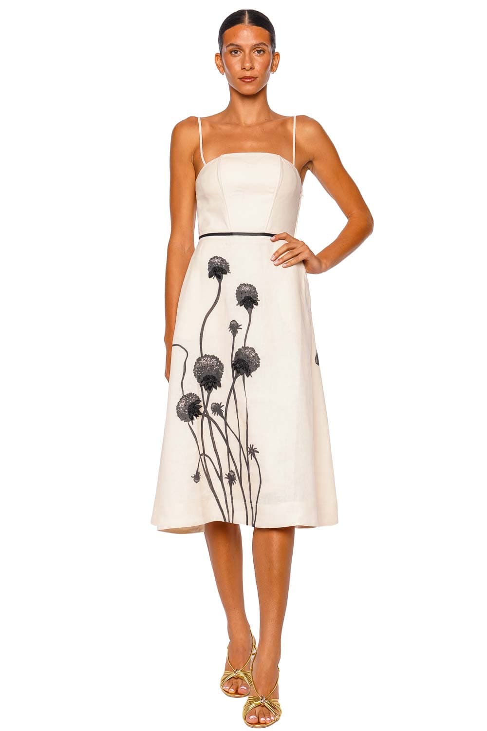 Andres Otalora Viva Floral Embellished LInen Midi Dress