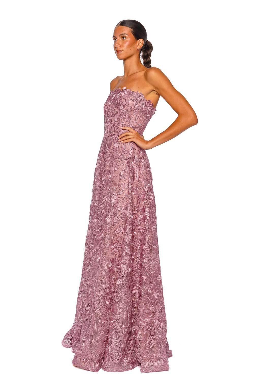 Naeem Khan Metallic Lace Mauve Strapless Gown
