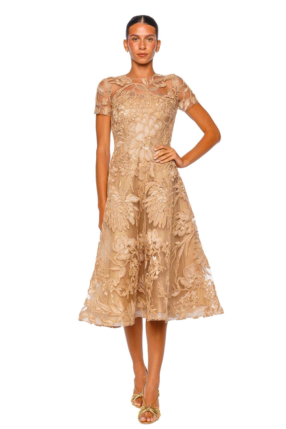 beige tea length dress Naeem Khan Gold Illusion Floral Raffia outdoor wedding mother of the bride dresses tea length