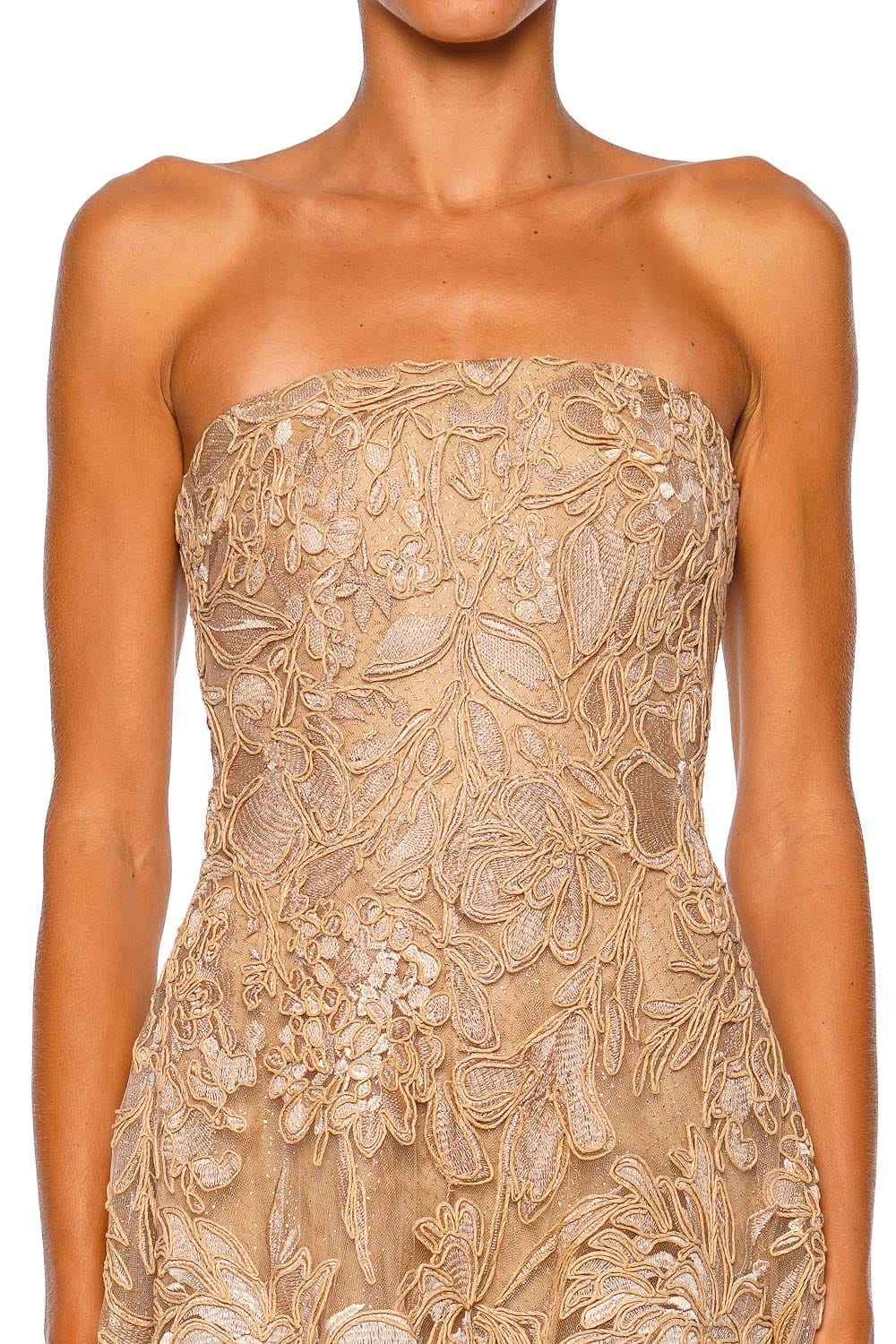 Naeem Khan Floral Raffia Beige Gold Strapless Gown